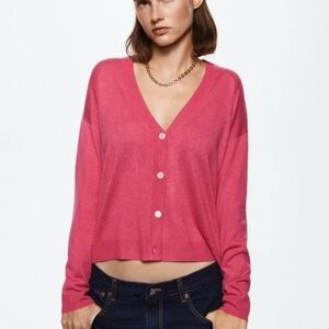MANGO  Fine Knit Cardigan V-Neck Sweater Berry Pink Size Medium